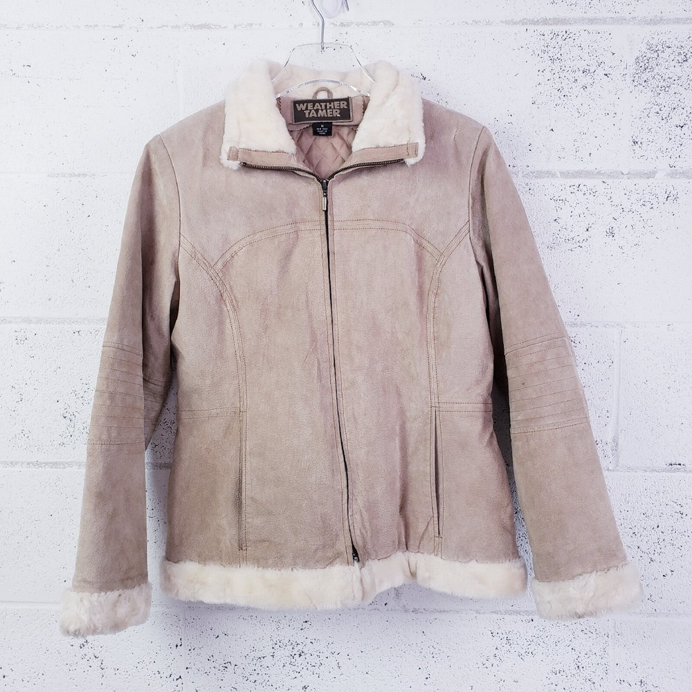 VTG Weather Tamer Suede Leather Coat Faux Fur Trim Size Medium Tan Beige‎